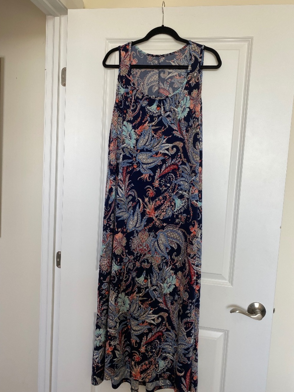 Kim & Co long sleeveless dress Size L, navy & aqua print